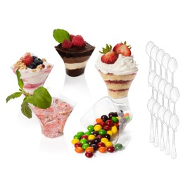 LSR LORESO Mini Swirl Triangle Plastic Dessert Cups with Spoons, 3.5 oz Pack of 96 - Plastic Cup For Serving Dessert, Fruits & Mini Appetizer, Sampling Tasting Cups - Reusable 96CT with Spoons