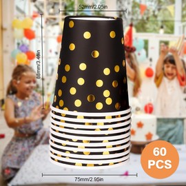 WZHHDM Black Gold Polka Dot Paper Cups, 60 Pcs Paper Cups Party, 9 Ounces Party Cups Can Be Reused Picnic Cups for Party DIY Holiday Barbecues and Wedding Birthday