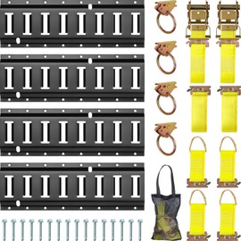 E Track Tie-Down Rail Kit, Trailer Tie Downs, 31 Pcs Set Etrack kit, 4 Rails, 4 Rope Tie Offs, 4 O Ring Anchors, 2 10ft Straps, Securing Accessories for Garages, Vans, Trailers, Cargo, and Motorcycle