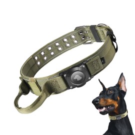 Tactical Dog Collar with Airtag Holder, IP68 Waterproof Airtag Dog Collar with Control Handle and Metal Buckle, Adjustable Military Training Reflective Dog Collar Holder for Medium Large Dogs Green L