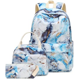 LEDAOU Backpack for Girls School Bag Kids Bookbag Teen Backpack Set Daypack with Lunch Bag and Pencil Case (Marble Blue White)