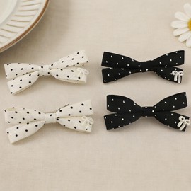 Polka Dot Bow Hair Clips for Women - 4 Pack Black White Double Bow Barrettes, Cute Vintage Preppy Style Accessories for All Hair Types