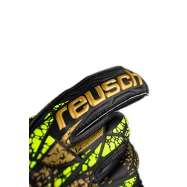 Reusch Attrakt Infinity Finger Support Junior Goalkeeper Gloves for Children, Ideal for Artificial Grass, Black/Gold/Yellow, 4