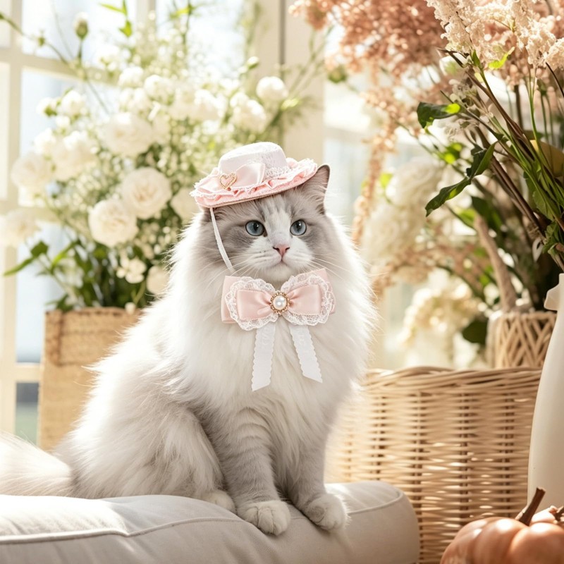 HOWWFALY 2PCS Cat Bow Hat with Lace, Adjustable Bow Collar