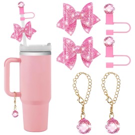 6 PCS Bling Straw Cover, Cute Bow Ties and Crystal Prism Chain Charms, Sparkling Crystal Toppers, for 30&40 0z Tumbler with Handle,10mm 0.4in Straw Lid Cap(Pink)