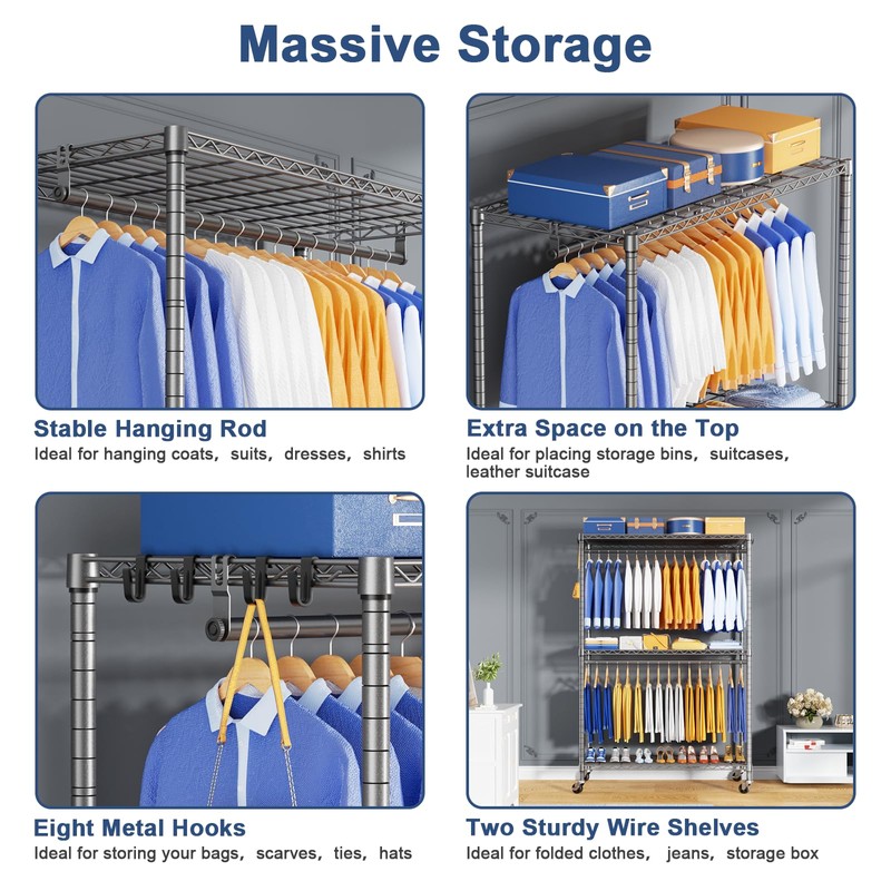 ULIFHOME P8 Heavy Duty Clothes Rack（With Extended Width Design） Rolling
