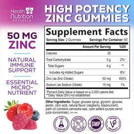 Zinc Supplements 50mg Gummies - Max Strength Skin Health & Immune Support Gummy, Vegan, Non-GMO & Gluten Free - Best Zinc Supplement Antioxidant & Bone Health Chewable Tasty Berry Flavor - 120 Gummies