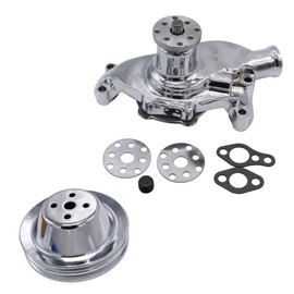Tiny Force Aluminum High Volume Short Water Pump w/ 2 Grooves Chrome Pulley W/Bolts and Washers Kit Compatible with Small Block Chevy SBC 283 302 305 307 327 350 383 400 V8 SWP