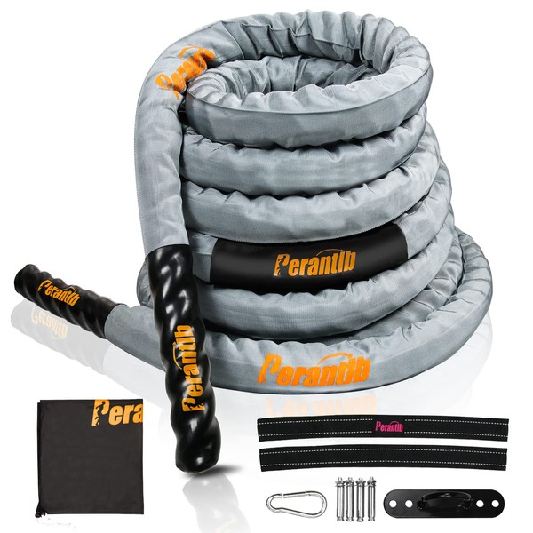 Perantlb Battle Rope with cloth sleeve -1.5/2 Inch Diameter 30' 40' 50' Lengths -Gym Muscle Toning Metabolic Workout Fitness, battle rope Anchor Strap Kit Included (1.5" x 30 ft Length)