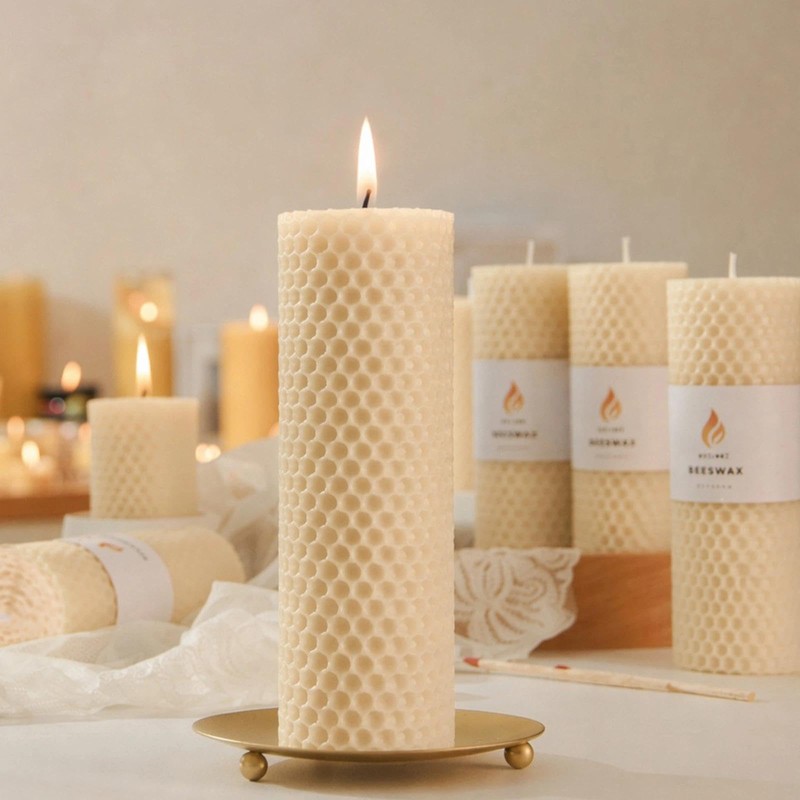 2-Pack 2x6 White Beeswax Pillar Candles, Hand-Rolled Honeycomb Texture