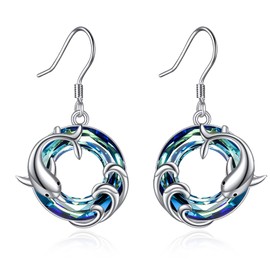ONEFINITY Dolphin Earrings Sterling Silver Dolphin Crystal Dangle Drop Earrings Ocean Wave Jewelry for Women