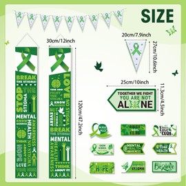 VitalCozy 13 Pieces Mental Health Awareness Banner with Mental Health Signs Green Ribbon Party Directional Sign Green Pennant Banner Mental Health Awareness Decorations for Mental Health Party