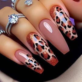 24 Pcs Press on Nails Long Square Nail Tips WLGDLH Fall Fake Nails Press ons Gold Glitter Acrylic Nail Kit Full Cover Reusable False Nails Brown Glue on Nails Leopard Print Nail Art for Ma'am