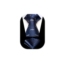 HISDERN Men's Ties Wedding Animal Pattern Handkerchief Classic Business Tie and Pocket Square Set, Navy/Shark