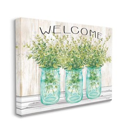 Stupell Industries Country Welcome Sign Greenery Bouquets Blue Jars, Designed by Cindy Jacobs Wall Art, 36 x 48, Canvas