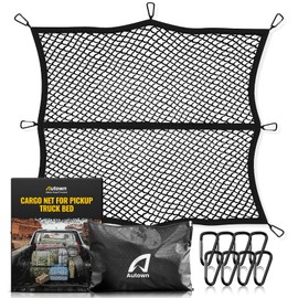 AUTOWN Cargo Net for Pickup Truck Bed - Stretchable 4'x4' to 7'x7', High Elastic Fine Mesh 1''x1'' with 8 Metal Carabiners - Ideal for ATV, SUV, UTV, Truck and Boat Use (Single Layer)