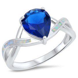 Large Blue Simulated Sapphire Infinity White Simulated Opal Sterling Silver Ring Size 7