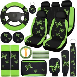 BBTO 43 Pcs Butterfly Car Seat Full Set Butterfly Car Accessories for Women 5 Front Rear Seat Covers Wrist Strap 2 Pcs Cup Mat Armrest Pad 2 Belt Cover Accessories for SUV(Green)