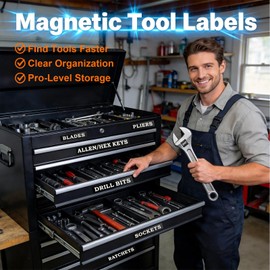 12 PCS Magnetic Toolbox Labels, 3D Raised Tool Box Magnetic Lables, General Toolbox Organize Accessories, Thick Resuable Tags for Steel Toolboxes, Tool Carts & Garage Organization (Black)