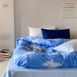 KAREVER Cotton Blue Cloud Comforter Set Queen Size Sky Blue Comforter Cotton 3 Pieces Soft Light Blue Queen Comforter Bedding Set Women Solid Blue Queen Bed Comforter Set for All Season as Gift