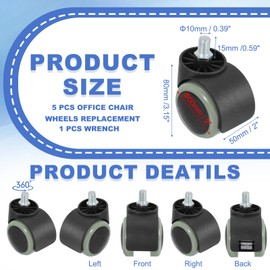 PATIKIL Office Chair Wheels Replacement 2", 5 Pcs Nylon Heavy Duty Office Furniture Casters Wheels with Wrench Universal Wheel for Hardwood Floor Carpet, Black/Gray(Screw Stem)