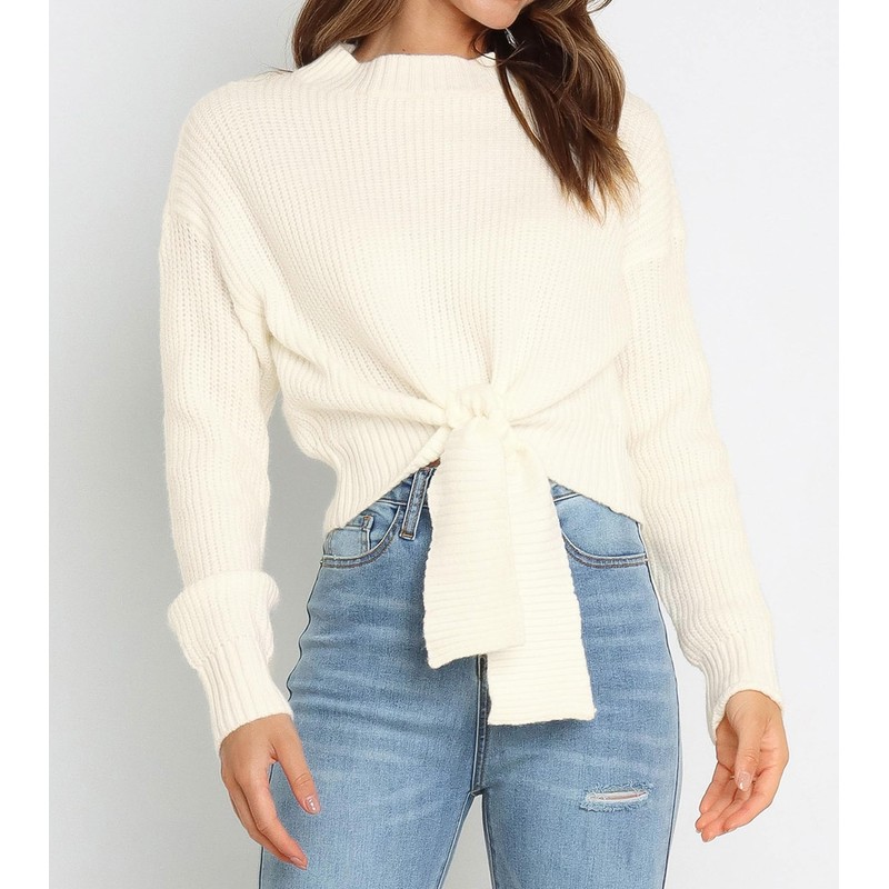 Okiwam Women's Long Sleeve Cropped Sweaters Casual Knit Pullover Tie