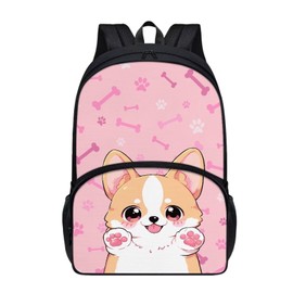 Tuoxiukan Corgi School Bag for Girls Pink Dog Paw School Backpack Large Capapcity 17 Inch Girls Bookbag Ages 6-8 Elementary Bookbag with Front Compartment & Side Pockets for Water Bottle