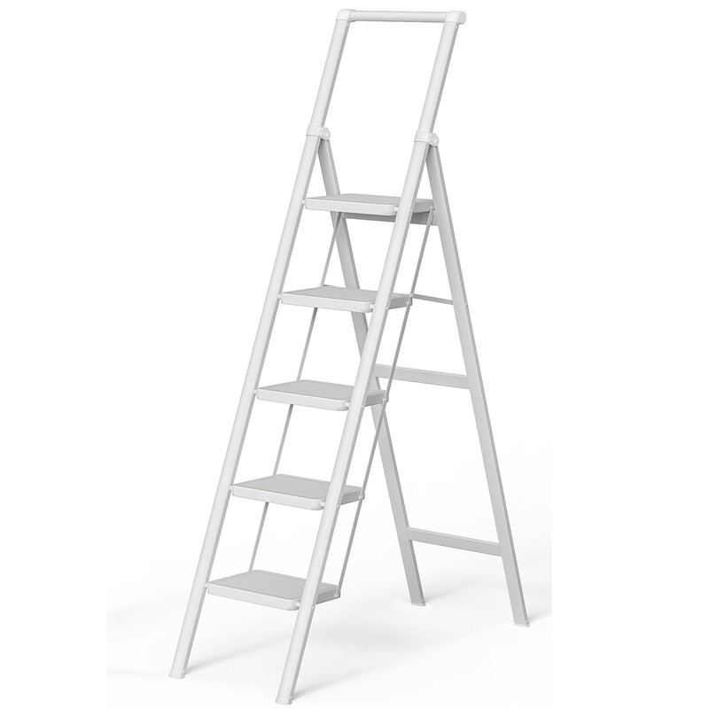 SOLADDER 5 Step Ladder, Folding Step Stool, White Foldable Iron