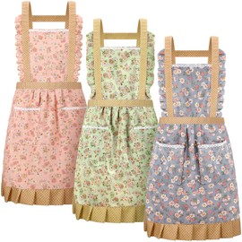 Xtinmee 3 Pcs Aprons for Women with Pockets Adjustable Long Ties Lovely Aprons Gardening Work for Kitchen Cooking Home Baking (Light Color,Daisy Floral)