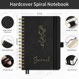 EMSHOI Spiral Notebook College Ruled, A5 Small 300 Numbered Pages,100GSM Thick Paper, Hardcover Leather Lined Journal for Women Men Work School Writing, 5.7" x 8.22", Black