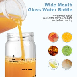 Olivego 12oz Juice Bottles - 4 Pack Wide Mouth Glass Bottles with Lids- BPA Free, Stainless Steel Lids for Juicing, Smoothies, Infused Water, Beverage Storage - Leakproof, Borosilicate, Clear