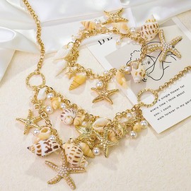 Mermaid Costume Jewelry Set Containing imitation pearl starfish conch shell necklace, bracelet, and earrings Suitable for women Cosplay beach travel beach jewelry
