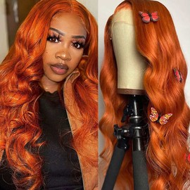 13X4 Orange Ginger Lace Front Wigs Human Hair Pre Plucked Body Wave Invisible Brazilian Colored Human Hair Wigs for Black Women HD Lace Frontal Wigs Human Hair 180% Density (24 Inches)