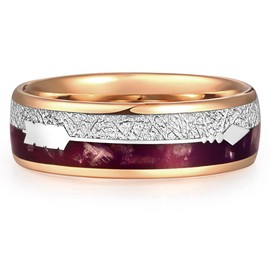 TUNGSTORY 8mm Rose Gold Tungsten Ring Mens Wedding Ring Bands with Purple Agate and Silver Imitated Meteorite Inlay Dome Arrow Rings Size S