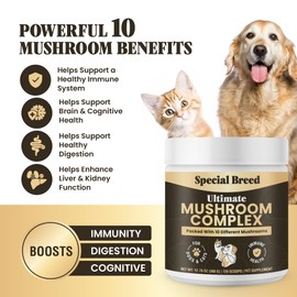 Mushroom Powder for Dogs & Cats - Organic Mushroom Complex for Immunity Support, Immune Function, Cognition, Vitality - Ten Mushroom Supplement with Turkey Tail, Lion's Mane, Reishi - 720 Scoops