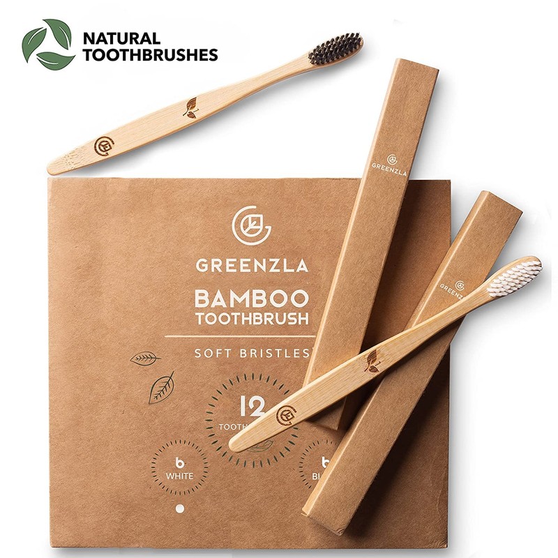 Greenzla Bamboo Toothbrushes for Adults – 12 Pack Wooden Toothbrush