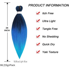 Pre stretched Braiding Hair 26'' Easy Braid 6 Packs Professional Itch Free Synthetic Fiber EZ Braids Yaki Texture Knotless Braiding Hair Extensions (1B/BLUE/LIGHTBLUE)