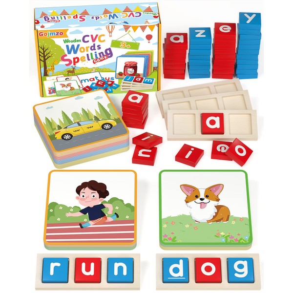 Gojmzo Wooden CVC Word Spelling Games, Preschool Kindergarten Learning Activities,