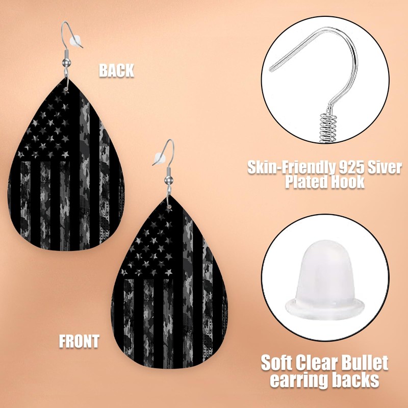 Black Camo USA Flag Leather Earrings Set | Lightweight Faux