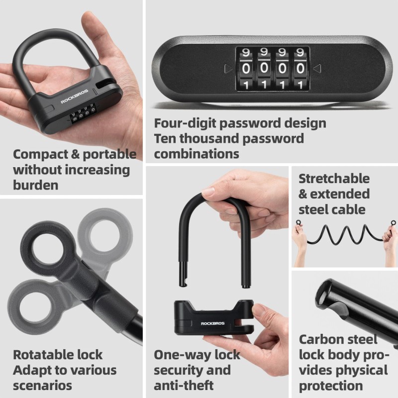 ROCKBROS Scooter U Lock w/1.1m Cable-Compact Portable Passwords Cable Lock