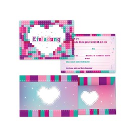 Limonia 12 Invitation Cards for Children's Birthday Party Invitation Set Birthday Girl Building Blocks Colourful Purple Pink Gift Bag Party Bag with 12 Envelopes, 12 Bags, 12 Stickers