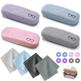 LLTLGF Pack of 4 Hard Glasses Case, Hard Shell Glasses Case Made of Portable Canvas Fabric, Portable Glasses Protective Case with Microfibre Cloth, Glasses Cases for Men, Women, Children,