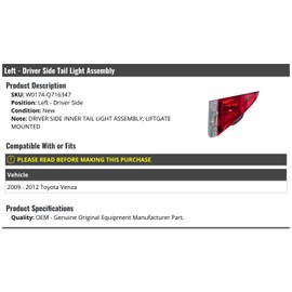 Left Driver Side Inner Tail Light Assembly - Compatible with 2009-2012 Toyota Venza (Liftgate Mounted)