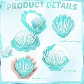 Meanplan 12 Pcs Mermaid Party Favor Foldable Shell Hair Brush with Mirror Mini Travel Pocket Compact Hair Brush Makeup Comb for Women Girls Christmas Party Gift Birthday Supplies(Cyan)