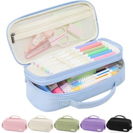 Sooez Large Pencil Case Pouch, Soft Corduroy Pencil Bag with Handle, Cute Pen Case, 5 Compartments, Wide Opening Pen Pouch Organizer with Zipper, Aesthetic School Supplies for Girls Women, Blue