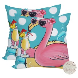 Fukeen 2 Pack Waterproof Summer Flamingo Throw Pillow Covers 20x20 Inch Tropical Flower Beach Pink Birds Pillow Cases Blue Ocean Sea Farmhouse Outdoor Decoration Cushion Cover for Sofa Couch