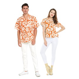 Couple Matching Hawaiian Luau Shirts, Classic Vintage Hibiscus Orange, Women, Large