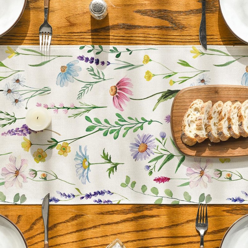 Artoid Mode Wildflowers Floral Eucalyptus Spring Table Runner, Seasonal Summer