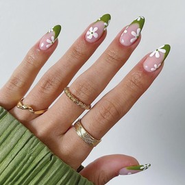 Green Press on Nails Almond French 24Pcs Glossy Full Cover Acrylic Medium False Nails with Flower Flowers Designs Artificial Almond Fake Nails with Charm Glue Stick on Fingernails for Women Girls