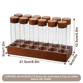 12-Pack Single Dose Coffee Bean Storage Tubes with Pine Wood Stand – Airtight Glass Vials for Fresh Coffee, Tea, and Spices (2 oz, Clear/Brown)